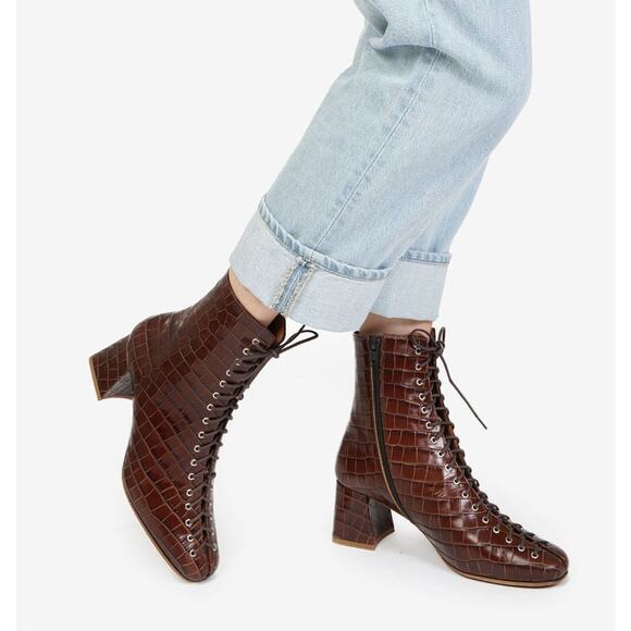 BY FAR Becca Croc Embossed Leather Lace Up Boots Nutella Croco Brown Sz 41 / 11 - Picture 1 of 7